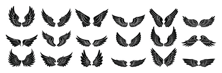 Set black and white simple wing icons vector set and design feather wings bundle.