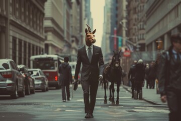 A curious creature, half man and half goat, clad in a sharp suit and tie, strolls confidently among a bustling street of horses and cars, the city's concrete jungle providing a stark contrast to his  - obrazy, fototapety, plakaty