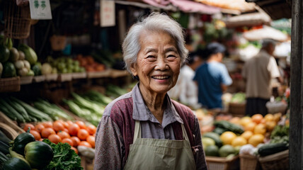 Obraz premium Portrait of happy elderly woman in shop selling organic produce, fresh organic farm vegetables and fruits at farmers market