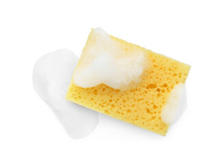 Yellow sponge with foam isolated on white, top view