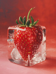 fresh strawberry in an ice cube