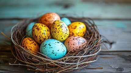 Obraz premium a bird's nest filled with eggs on top of a wooden table with blue and yellow speckled eggs in the center of the nest, on top of the wooden planks.