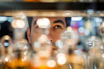 A contemplative man gazes into the camera with a reflective face, a bottle of transparent liquid in hand, as he sits in a dimly lit bar surrounded by glass and introspection