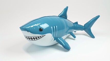Obraz premium A blue and white plastic shark toy on a white surface. Funny cute inflatable toy on white background.