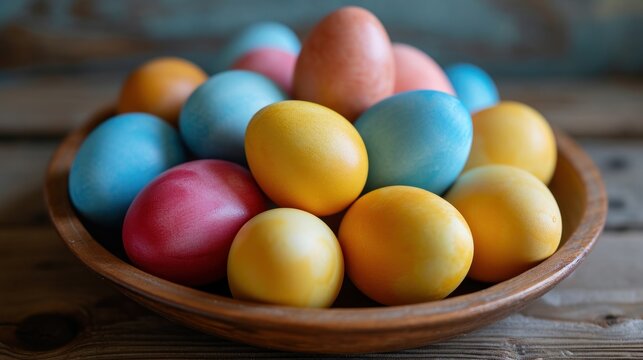 a wooden bowl filled with colored eggs on top of a wooden table next to a blue and yellow egg sitting on top of a wooden table next to each other eggs.