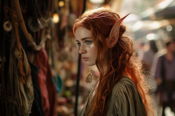Fototapeta na wymiar A fierce red-haired woman with delicate elf ears stands proudly on the street, her fashionable clothing and accessories complementing her striking human face, exuding confidence and individuality in 
