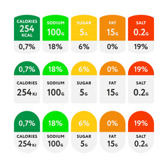 Nutrition facts icon and stickers Beverage and food components info. Nutritional value table fo? packaged. Healthy ingredients template. Vector illustration design.