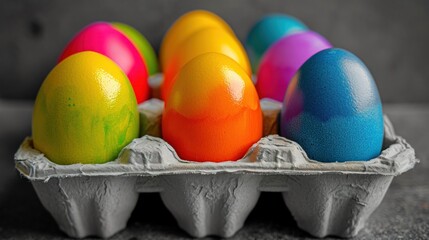 Fototapeta na wymiar a carton filled with colorful eggs sitting on top of a cement floor next to a gray wall and a black and white wall behind it is an orange, yellow, red, blue, green, orange, and pink, and yellow egg.