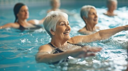 A group of lively older women enjoy their daily swim at the outdoor leisure centre, their swimwear and swim caps glinting in the sun as they relish the freedom and joy of being in the water