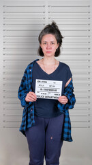 Brunette caucasian woman standing with criminal mugshot letter board at police department