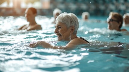 A serene woman gracefully glides through the clear water of an outdoor swimming pool, her determined human face reflecting the joy of indulging in the sport at a leisure centre - obrazy, fototapety, plakaty