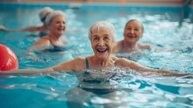 A lively group of women in brightly colored swim caps enjoy a refreshing swim in the indoor pool at their local leisure center, showcasing the joy and camaraderie of water sports and summer fun - Powered by Adobe
