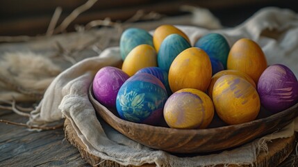  a wooden bowl filled with painted eggs on top of a wooden table next to a piece of cloth on top of a wooden table cloth covered with a white cloth. - obrazy, fototapety, plakaty