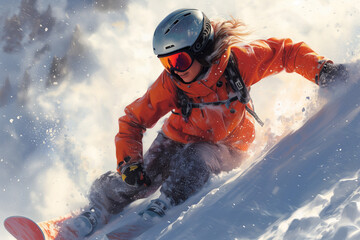 Female snowboarder rocking the slopes on a sunny morning