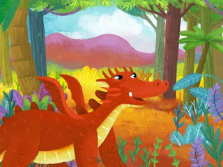 Fototapete cartoon scene with forest jungle meadow wildlife with dragon dino dinosaur animal zoo scenery illustration for children © honeyflavour