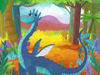 cartoon scene with forest jungle meadow wildlife with dragon dino dinosaur animal zoo scenery illustration for children © honeyflavour
