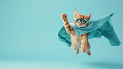 A daring feline superhero donning a vibrant blue cape and protective goggles, ready to take on any adventure