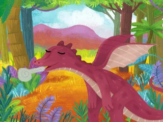 Muurstickers cartoon scene with forest jungle meadow wildlife with dragon dino dinosaur animal zoo scenery illustration for children © honeyflavour