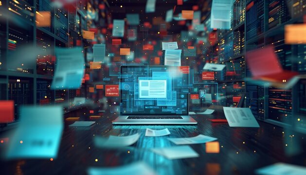 Document Digitization Services,  the process of document digitization with an image depicting scanning and conversion techniques, AI 