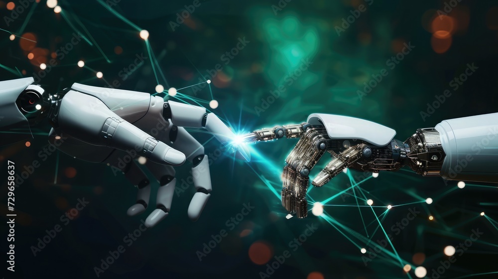 Poster ai, machine learning, hands of robot and human touching on big data network connection, data exchang