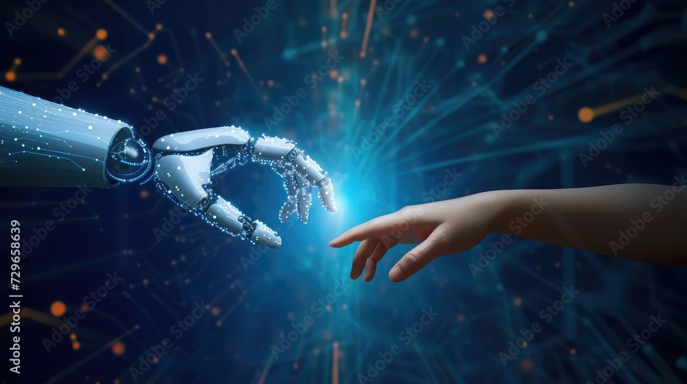 Poster ai, machine learning, hands of robot and human touching on big data network connection, data exchang