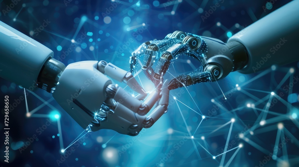 Poster ai, machine learning, hands of robot and human touching on big data network connection, data exchang