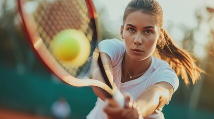 A determined woman gracefully swings her racket, sending the yellow ball flying over the net in a fierce game of tennis on a sunny outdoor court