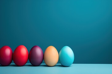  a row of colored eggs sitting in a row on a blue surface with a blue wall in the background and a blue wall in the middle of the row of the row.