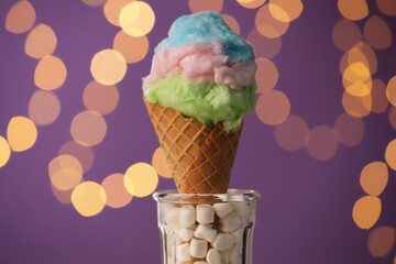 Sweet cotton candy in waffle cone against blurred lights, closeup