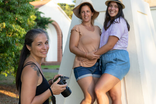 group of female friends in a photo session, selective focus