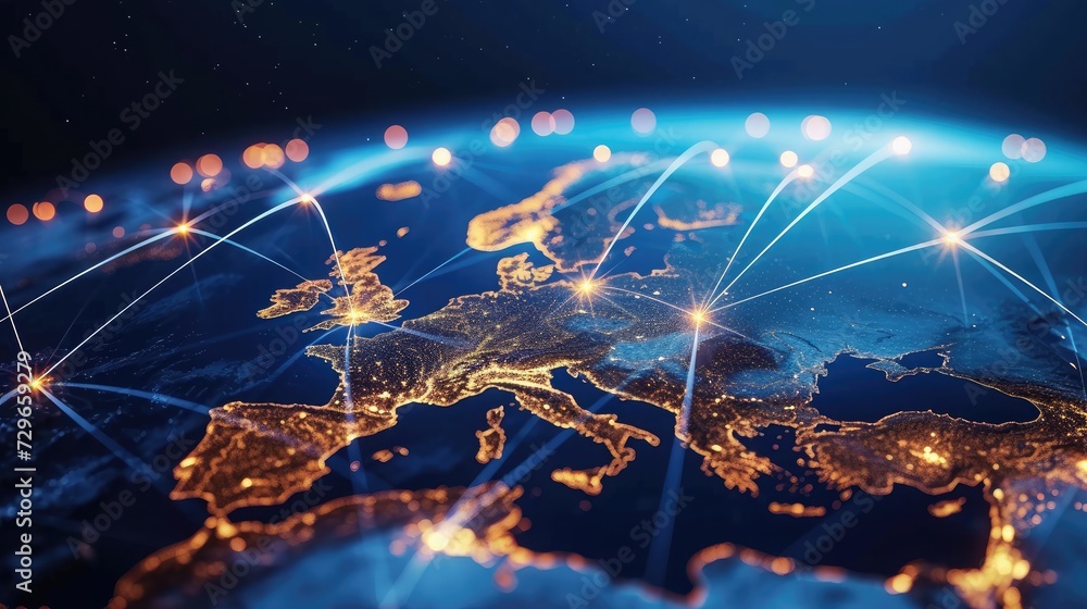 Poster communication technology with global internet network connected in europe. telecommunication and dat