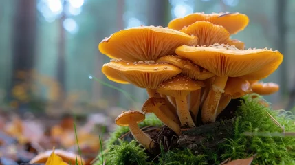 Poster Edible mushrooms. Close up of chanterelle mushrooms in a forest © buraratn