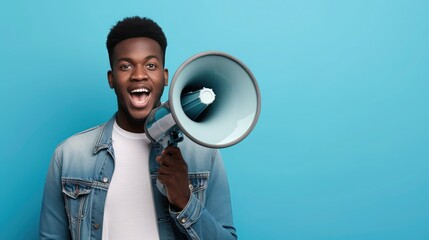 Emotional Young Black Guy Making Announcement With Megaphone In Hands, Cheerful African American Man Using Loudspeaker For Sharing News While Standing Over Blue Background