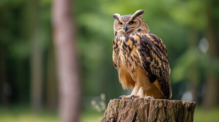 Eurasian Eagle Owl sitting on the stump