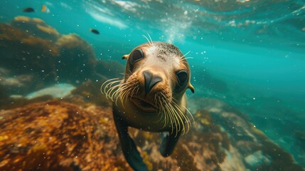 Galapagos fur seal swimming at camera in tropical underwaters. Lion seal in under water world. Observation of wildlife ocean. Scuba diving adventure - obrazy, fototapety, plakaty