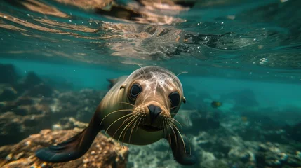 Fotobehang Galapagos fur seal swimming at camera in tropical underwaters. Lion seal in under water world. Observation of wildlife ocean. Scuba diving adventure © buraratn