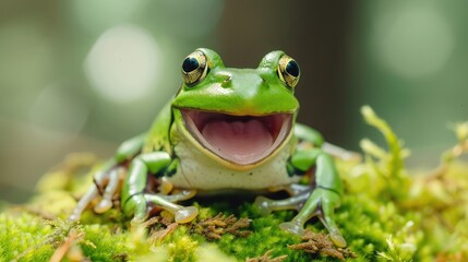 Gliding frog look like laughing on moss, Flying frog laughing,