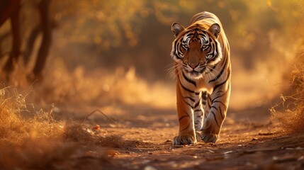 Great tiger male in the nature habitat. Tiger walk during the golden light time. Wildlife scene with danger animal. - obrazy, fototapety, plakaty