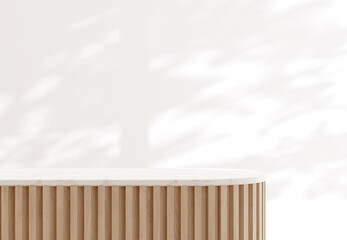 Minimal style luxury podium with wooden slats and white marble top on white wall with tree shadow background for product presentation 3d render illustration.