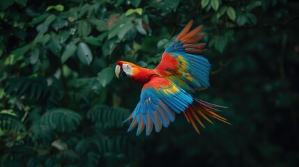 Hybrid parrots in forest. Macaw parrot flying in dark green vegetation.