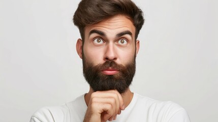 Image of hesitant unshaven European male with thick beard, holds chin, purses lips with clueless expressions, doubts what to eat delicious for supper - obrazy, fototapety, plakaty