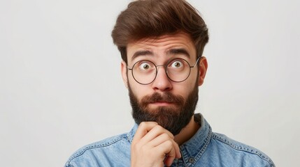 Image of hesitant unshaven European male with thick beard, holds chin, purses lips with clueless expressions, doubts what to eat delicious for supper - obrazy, fototapety, plakaty