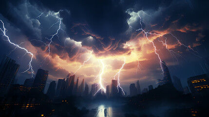 Fototapeta na wymiar Lightning on the sky, gloomy ominous thunder and lightning background