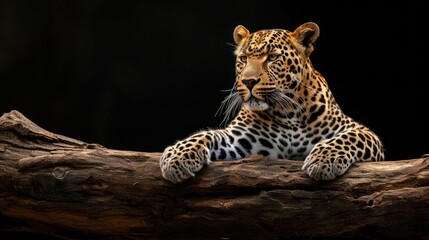 Fototapeta premium Leopard resting on a log against a black background