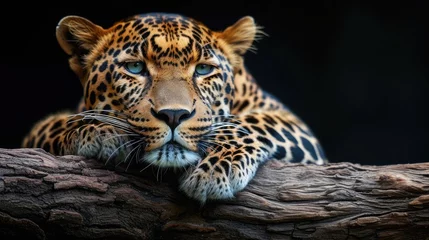 Foto op Plexiglas Leopard resting on a log against a black background © buraratn