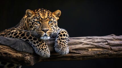 Leopard resting on a log against a black background
