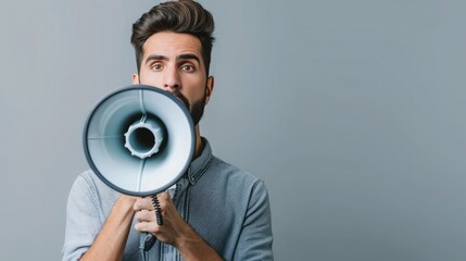 Man Making Announcement Using Megaphone Against Gray Background