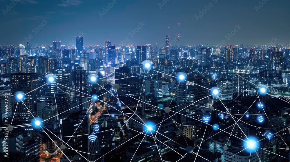 Poster modern city with wireless network connection and city scape concept.wireless network and connection 