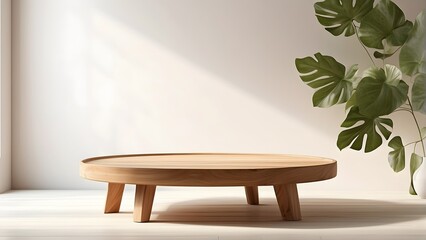 3d render of wooden table in front of white wall with plant.