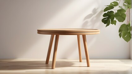 Wooden round table in modern interior with plant. 3d render